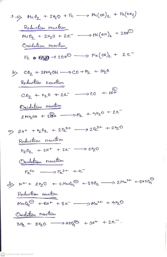 Me(OH)2 + Fe (012) 1-a7 NiO2 + 2H₂O & Fe Reduction peaction, NiO2 + 2H20 +2e- Onidation reaction > Na(OH)2 + 2010 -- > Fe(OH)