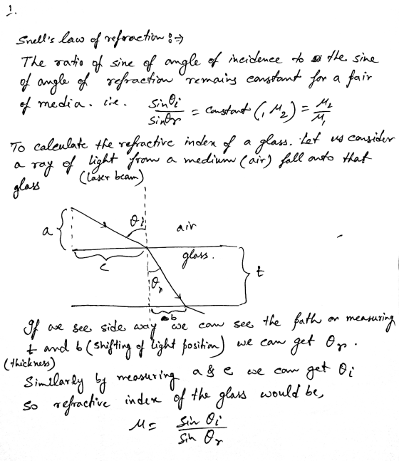 !- Snells law of referaction o) The ratio of sine of angle of incidence to on the sine of angle of refraction remains consta