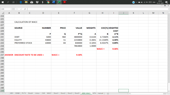 05 19 A dx E ENG х 10 01 2020 fr 1249 D Н 224 225 226 CALCULATION OF WACC 227 NUMBER PRICE WEIGHTS COC(%) VEIGHTED 228 SOURCE