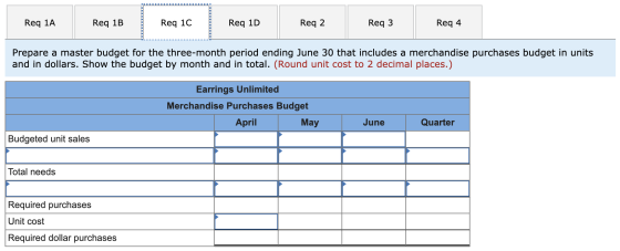 Req 1A Req 1B Req 1C Req 1D Req 2 Req 3 Req 4 Prepare a master budget for the three-month period ending June 30 that includes