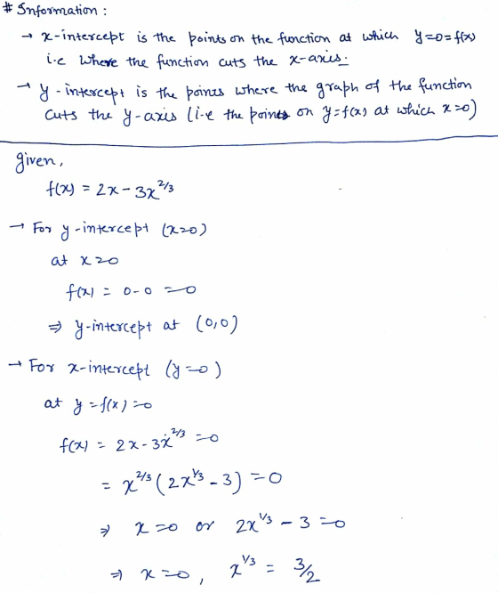 # Information: → x-intercept is the points on the function at which y=0= f(x) i-e where the function cuts the x-axis. y - int
