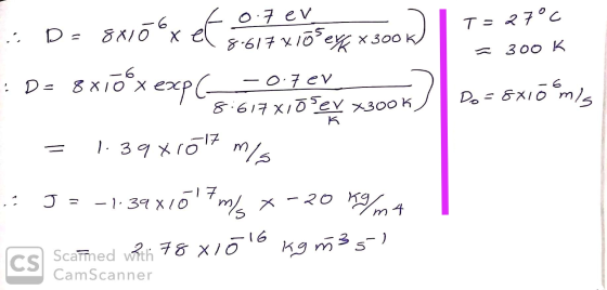 ef T= 27°C 300K 1.39x10 MIS 0.7 ev : Da 8x10x 8.617x15 eyk x 300K : De 8x1oºx exp G 5°x exp(-0.7ev 8:617x1Ō ser x300K Do=8x1
