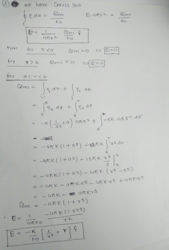 we have Coauss law & Eda = Qeni E.uar2 Dons = to now for Er war Qema for rca Qeni zo so Eso sb Qene so sol E=0 for acrcb Qenc