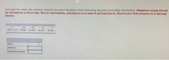 Calculate the mean, the variance, and the standard deviation of the following discrete probability distribution. (Negative va