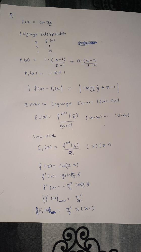 f(w = Costa 2 Lugange interpolation f lol 0 P, (W) 1.(x-1) 0-1 to.(a- o) P, (x) = ati I f(x) - P, Gol I cost 4) + x-1 error i