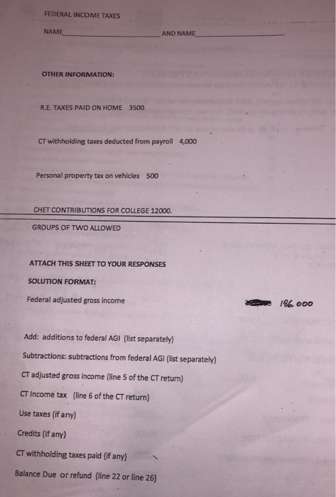 FEDERAL INCOME TAXES AND NAME NAME OTHER INFORMATION: 3500 R.E. TAXES PAI D ON HOME 4,000 CT withholding taxes deducted from