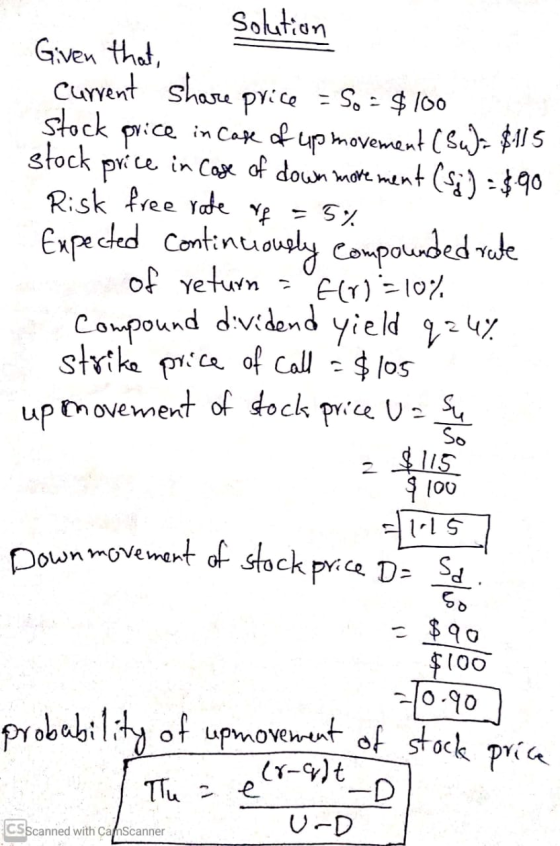 solution Given that, Current Share price = So - $100 Stock price in case of up movement (su)= $115 stock price in case of dow