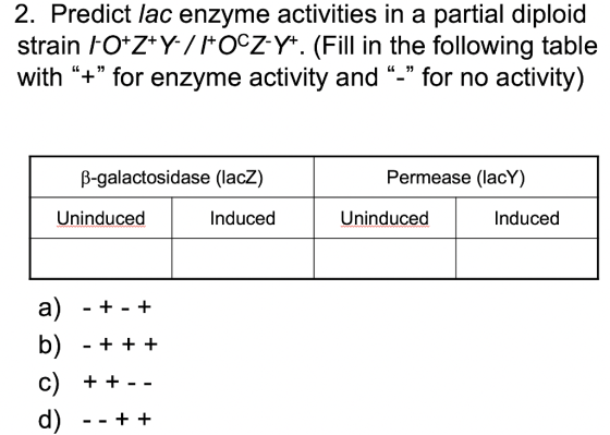 2. Predict lac enzyme activities in a partial diploid strain FO+Z+Y/POCZYh. (Fill in the following table with for enzyme activity and for no activity) Permease (lacY) B-galactosidase (lacz) Uninduced Uninduced Induced Induced b) c)