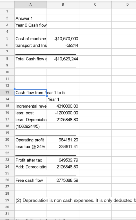 А Answer 1 Year O Cash flow 3 4 - Cost of machine transport and Ins -$10,570,000 -59244 Total Cash flow a $10,629,244 10 11 7
