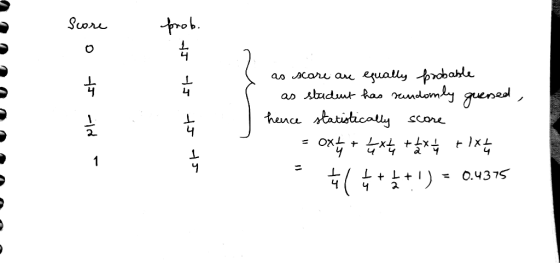 Score - NL as scare are equally probable as student has randomly guessed, hence statistically score = 0x + 4*++1x4 ☆ 4++1) =