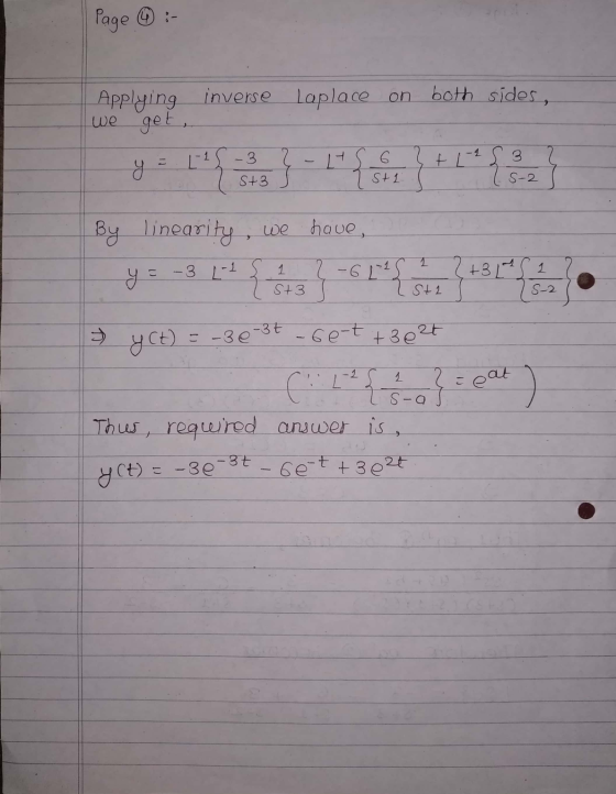 Page 6 :- Applying inverse Laplace on both sides, we get y - 4 s 6 1-2 = L 14 -3 1. (St3 2 J s 3 (S-2 S+1 By linearity, we ha