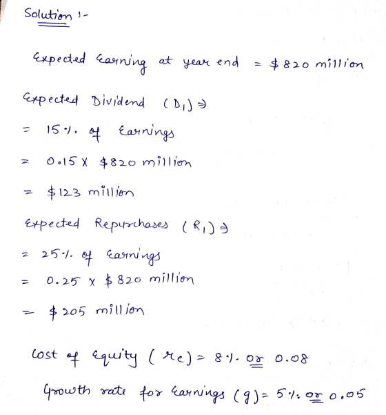 Solution - Expected earning at year end $820 million Expected Dividend (D,J =) = 15% of Earnings 0.15 X $820 million $123 mil