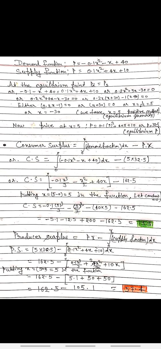 or -30 20 or Demand function! PE-0.1-x + 40 Supply function; p = 0.14² + 4x + 10 At the equilibrium point be = ls os, -0.1 -