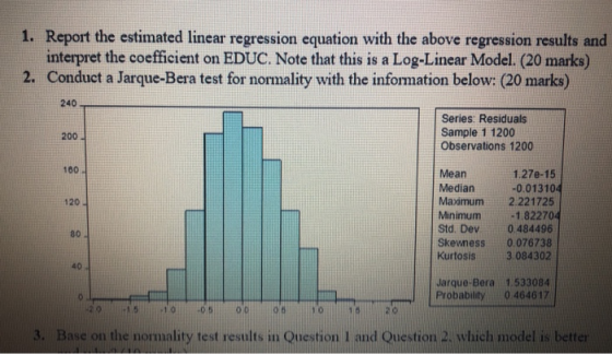 1. Report the estimated linear regression equation with the above regression results and interpret the coefficient on EDUC. N