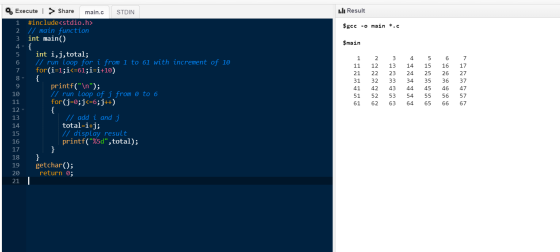 L.l. Result 1 $gcc -o main *. $main { 2 4 5 1 11 21 31 0. Execute > Share main.c STDIN #include<stdio.h> 2 // main function 3
