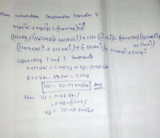 then momentum conservation equation is MAVA A mooi- two doi= matus) (lisong) (vti cossom VAI SALJÓS) + 1980 61 505) = (6ro +1