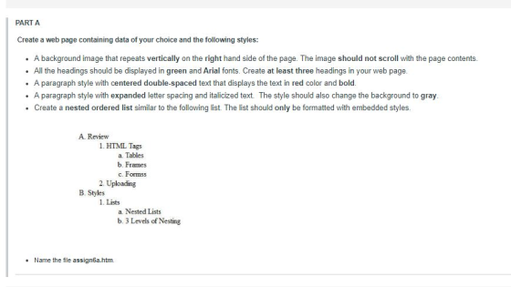 PART A Create a web page containing data of your choice and the following styles: A background image that repeats vertically