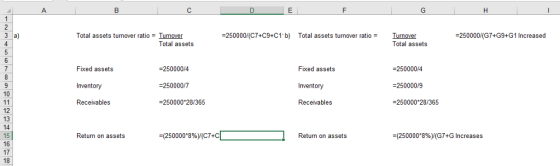 Total assets turnover ratio Turnover -250000/(C74C9+C1. b) Total assets turnover ratio = Turnover Total assets 250000/(G7+G9+G1 Increased Total assets Fixed assets Inventory Receivables #250000/4 -250000/7 #250000*28/365 Fixed assets #250000/4 -250000/9 -250000*28/365 Inventory 10 Receivables 12 13 14. 15 16 17 18 Return on assets -250000*896)/(C7+C Return on asset:s (250000*8% rG74G Increases