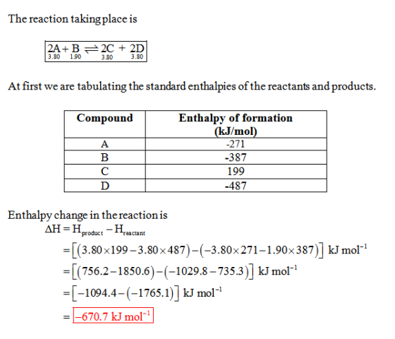The reaction takingplace is 3.80 190 3.80 3.80 At first we are tabulating the standard enthalpies of the reactants and produc