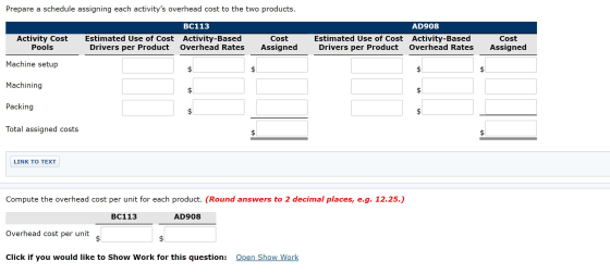 Prepare a schedule assigning each activitys overhead cost to the two products. AD908 Activity Cost Pools BC113 Estimated Use