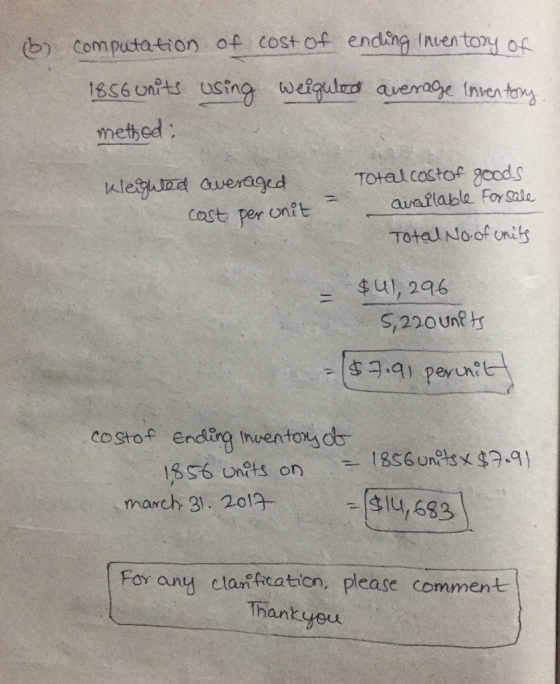b) computation of cost of ending Inventory of 1856 units using weighted average inventory method: Kleigued averaged cost per