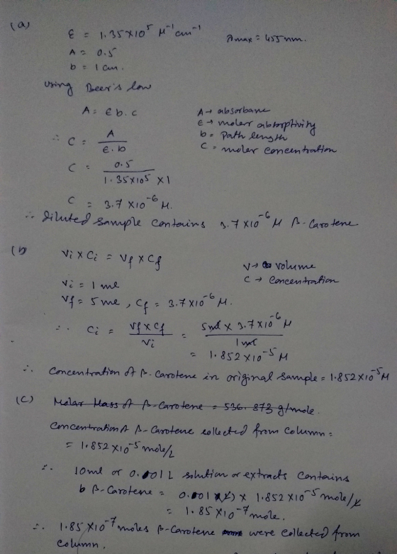au & = 1.35x105 Mann max= 455 nm. A 0.5 b= l an. using beers low Aeb.c A absorbane & molers absorptivity b. path length Como