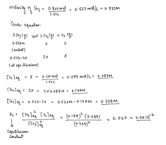 Molarity of So2 = 0.800mol = 0.533 mol/L=0.533M 1. SOL Given equation: 2503(g) = 250, 691 + Oz egy 0.533 M 0 0 (initial) 2 X