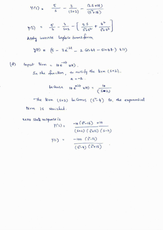 1637. - $22 - 403) - G enerate Apply inverse Laplace transform. y(t) = (5 - 3é2t - 26% 4- Sin44) 1/) (d) input term = 10e at