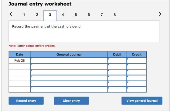 Journal entry worksheet < 1 2 3 4 5 6 7 8 Record the payment of the cash dividend. Note: Enter debits before credits. Date Ge