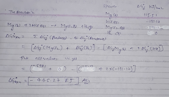 Helal speues. DG KJ/mol The Reaction in 115.51 - 131.17 Mga + 2HCl. eg . Mgles thg MgCl2 es) -592.1 Doren ² EDG (Products to