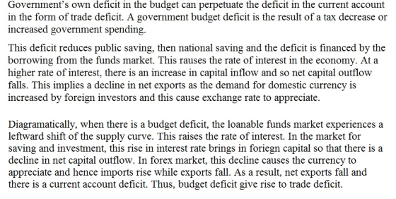 Governments own deficit in the budget can perpetuate the deficit in the current account in the form of trade deficit. A gove