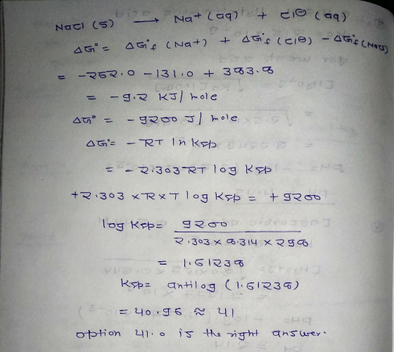 - Gif (mare) Naci (5) - Na+ Taq) + Cio (aq) AG= OGF (nat) & Atif (elo) - Atise SO = -252.0-131,0 + 303.8 = – 9.2 kJ/mole AT =