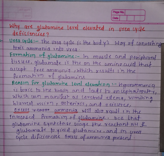 Page No. why are glutamine level elwakd in vrea uyd Urea yde:-The Uria tyles oTmoho is gluamate is Hhe on the uming cuid thak