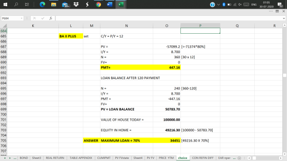 C w ENG 99+ 01:05 30-07-2020 32 x P684 < . K M N 0 Р - Q R 684 BA II PLUS set C/Y = P/Y = 12 PV = I/Y = N = -57099.2 [=-71374