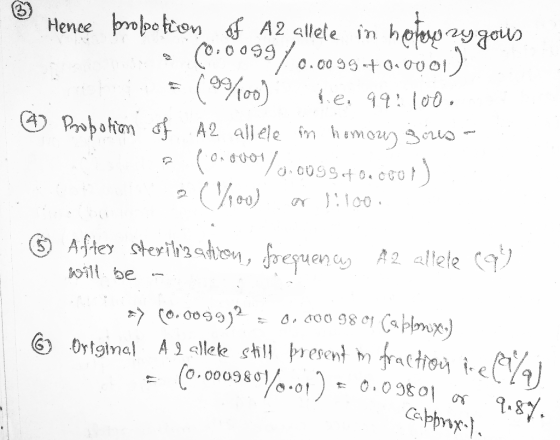 Hence brobotion of A2 allete in hoteze zygous q (0.0099 0.0099 +0.0001) +(995100) fe, 99:100. ② Propotion of .A2 allele in ho