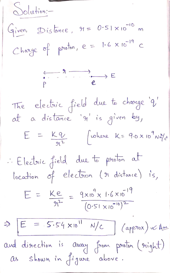 Solutin -10 O SIXIO Given Dis tance, 91 = -19 1-6 X 1O e = Charge of proton charge g aiven by dua to The electic freld dist