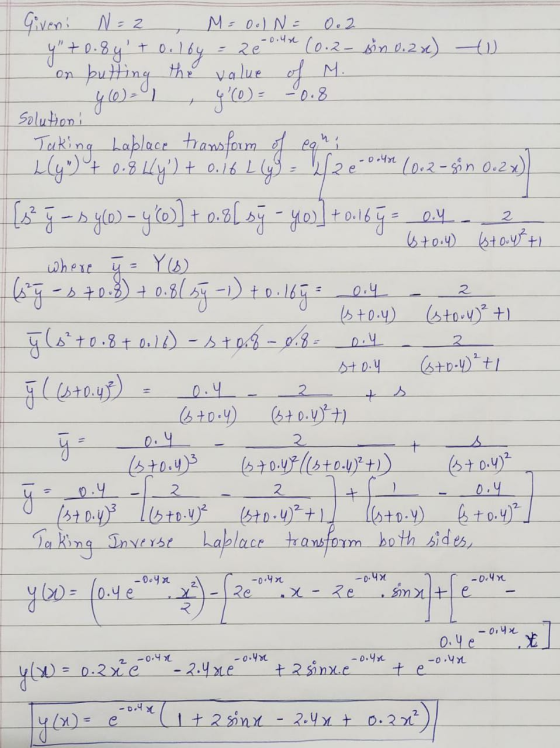 = 2 M=0.IN = 0.2 7 - + g(0) = -0.8 Solutioni n. 0.40 Giveni N=2 y +0.8y + o.lby = 2e ou (0.2- sin 0.2%) to on putting the