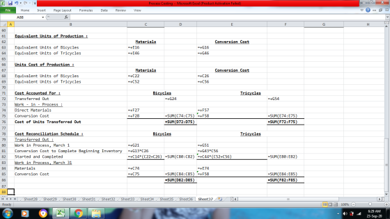 х X- Process Costing - Microsoft Excel (Product Activation Failed) File Home Insert Formulas Data Review View ♡ X Page Layout