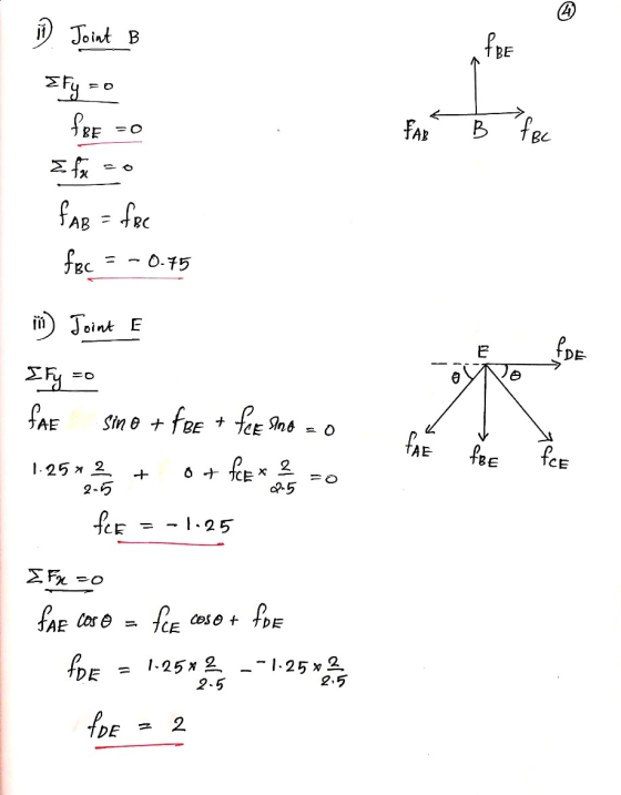 17 Joint B PRE O Efy = fee =0 FAR B FBC FAB = fee fBc -0.75 in Joint E E FDE e e IFy zo FAE Sin e + fee + fee shimo FAE FBE E