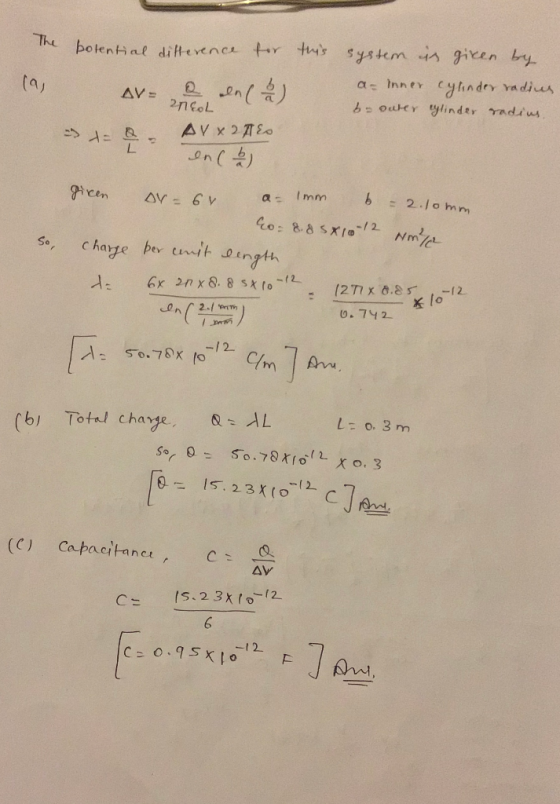 this The potential difference for AV- a ale(2) 2nEL 9) AV 2 Aes encb system is given by a= Inner Cylinder radius b-outer cy