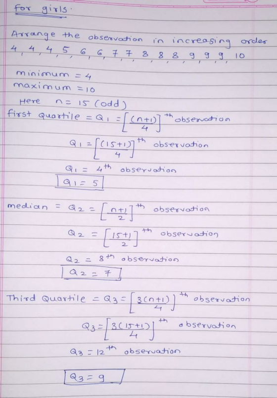 for girls Arrange the observation 4, 4, 4, 5, 6, 6, 7 7 8 in increasing 8 8 g 9 g order 10 minimum =4 maximum = 10 Here n= 15