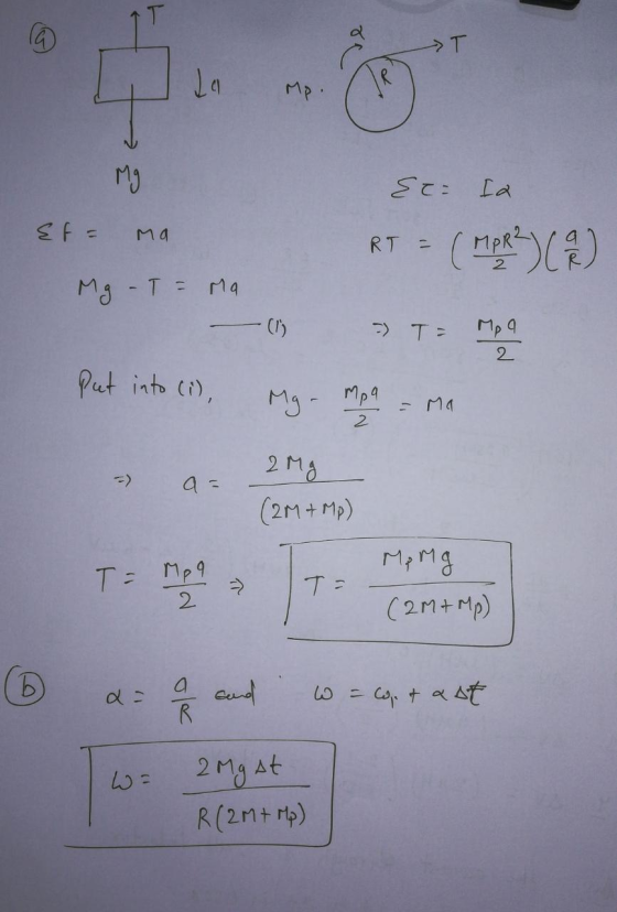 T 29 rs Ef= ma & Ia RT = ( MPR²) (A) Mg - T = Ma put into (i), (1) - T = Mea Mg - Mpa = ma -> a = 2 Mg (2M + Mp) T- IT- Mp M