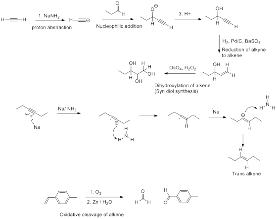 3. H+ 1. NaNH2 HEH HEO proton abstraction 1 Nucleophilic addition Η H2, Pd/C, BaSO4 Reduction of alkyne to alkene OH H. OH H