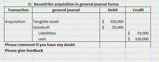 d) Record the acquisition in general journal forma Transaction general journal Debit Credit $ $ 310,000 29,000 Acquisition Ta