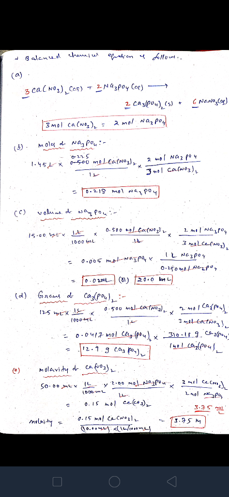 (a) 2NA3POY Cee) > 3 caC No)Cos) a mol Naz poy 3 Mol caCwo moly d Na Pou: o215 0500 melcatNo3), 2 mo Naz po 45 3 moI Cafwoz)