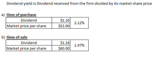 Dividend yield is Dividend received from the firm divided by its market share price a) time of purchase Dividend Market price