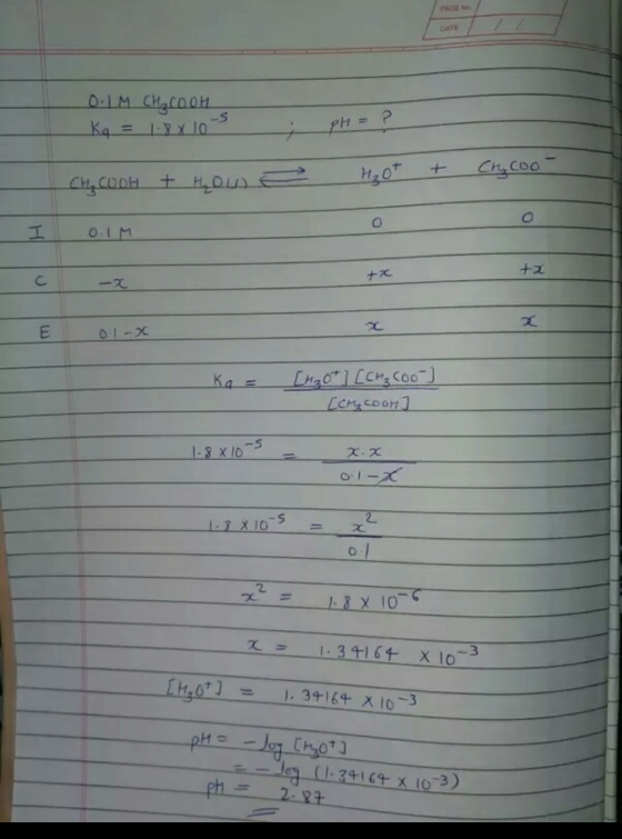 PAGE NE DATE Chycoo- 0.1 м Сн соон Kq = 1.8 x 105 ; pH = ? CH₃COOH + How) 2 Hot + I OIM0 C -2 + x +2 0.1-x x x 0.1-x Ka = [4₂