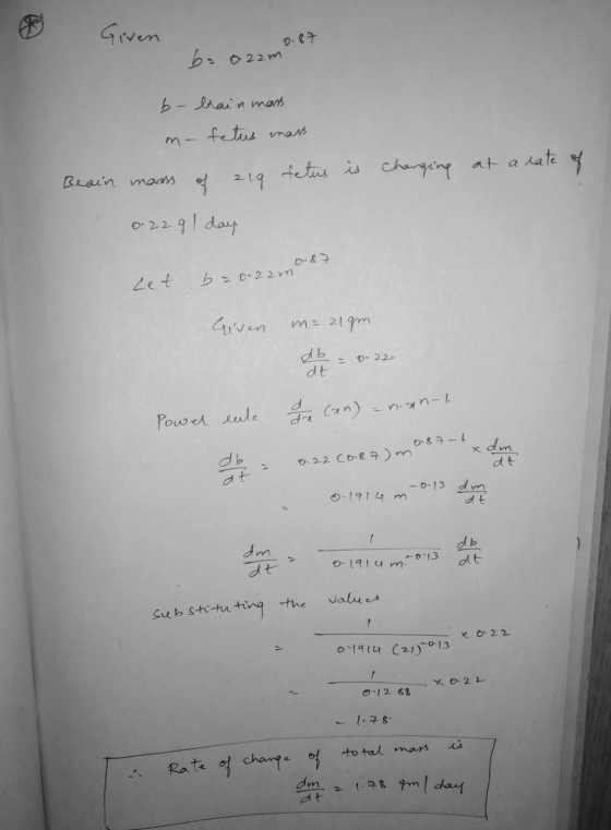 beozam b-brain mans m- fetus mass Beain masss of 219 fetus is changing at a rate of 0.229 1 day cet b=0.2am Given m=219m db -