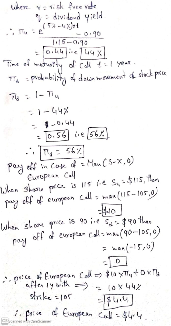 Tu : where a risk free rate e dividend yield. (56-47.Jxt -090 115-0.90 -0.44e44% Time of maturity of call t= 1 year. Td = pro