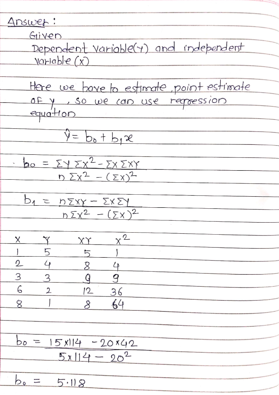 Answer: Given Dependent variable(x) and independent variable (x2 Here we bave to estimate point estimate of y, so we can use